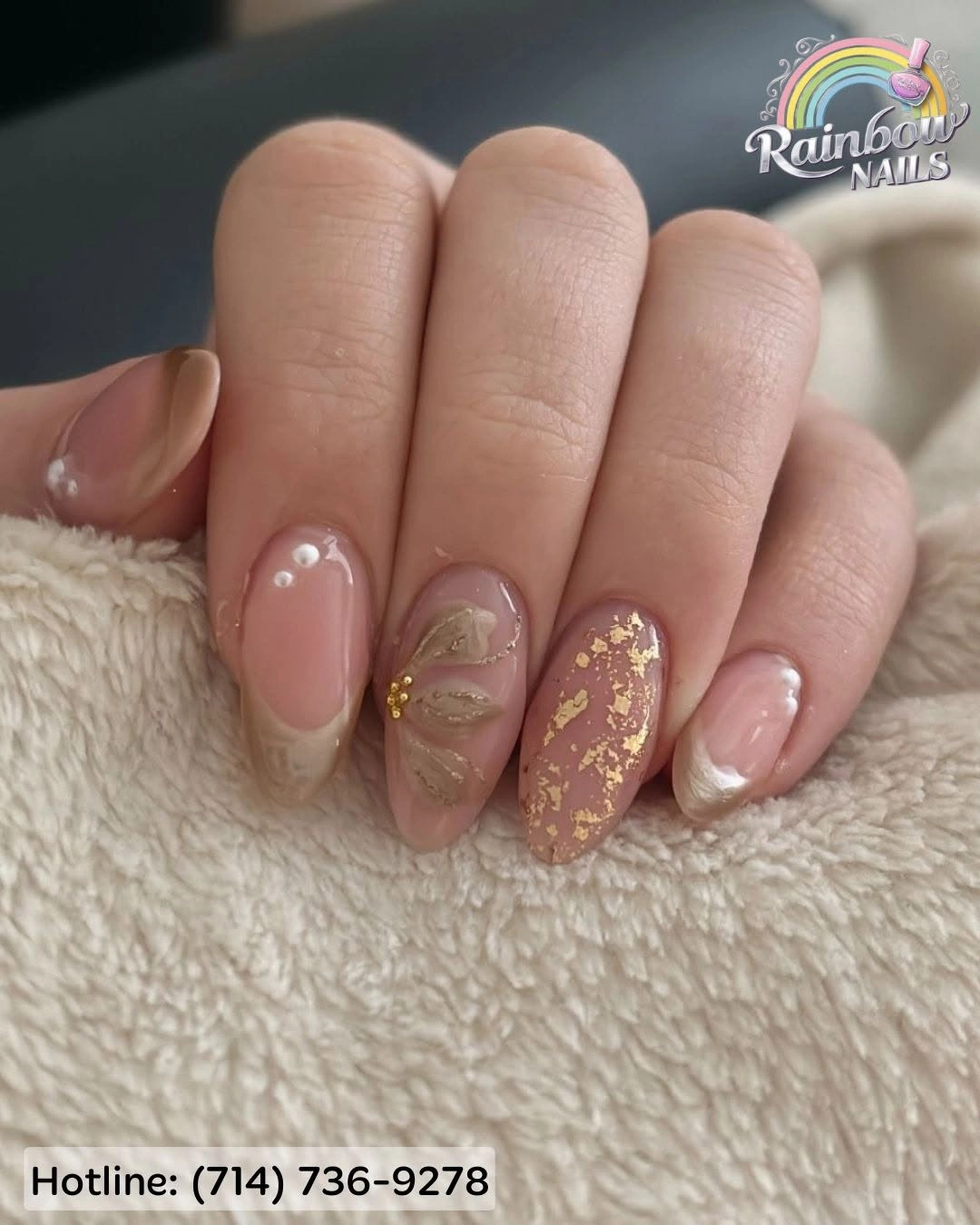 September nail art ideas 2026 Blush Short Nails With Gold Leaf Accent