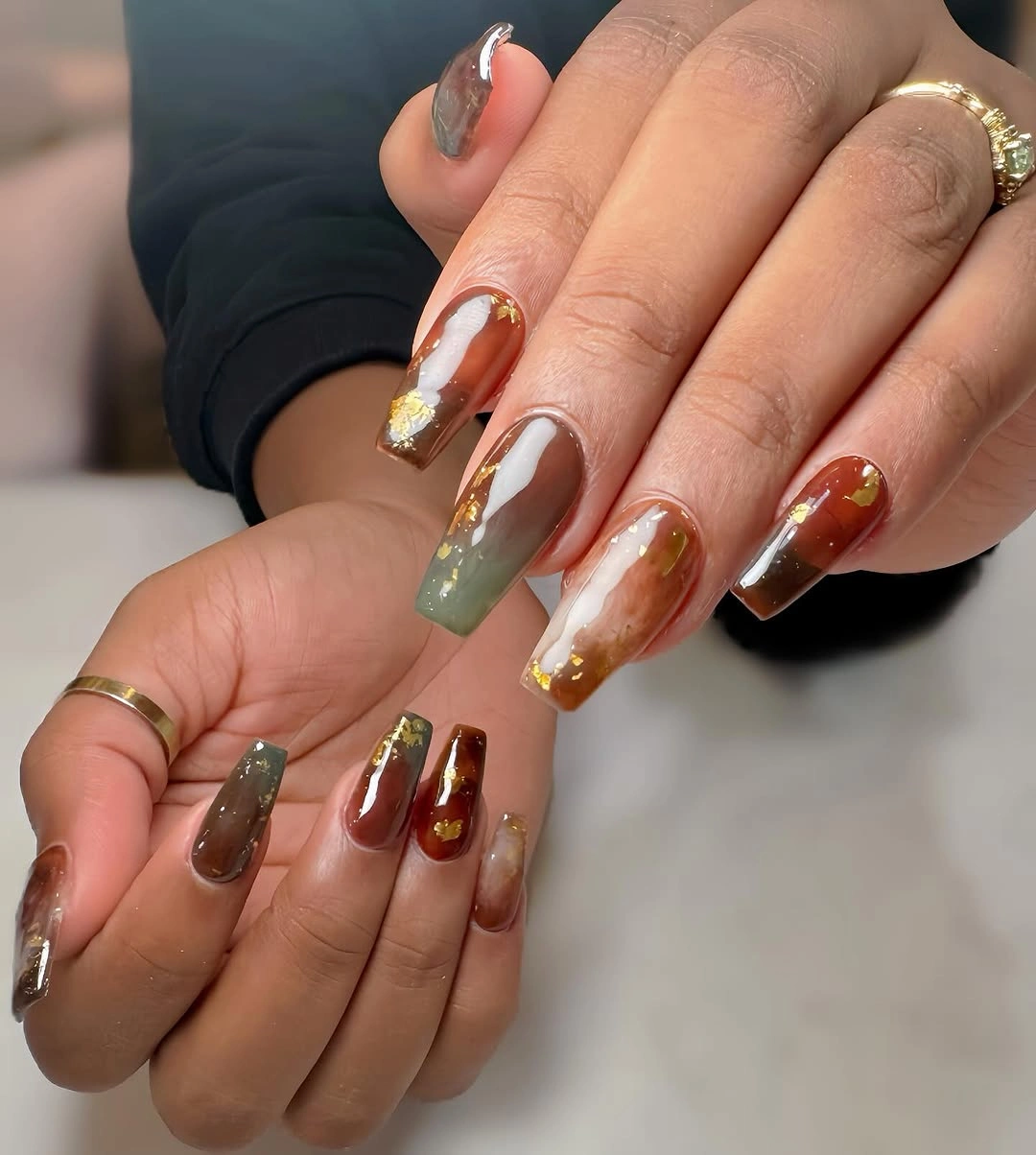 September nail designs 2026 Long Marble Nails In Olive And Amber