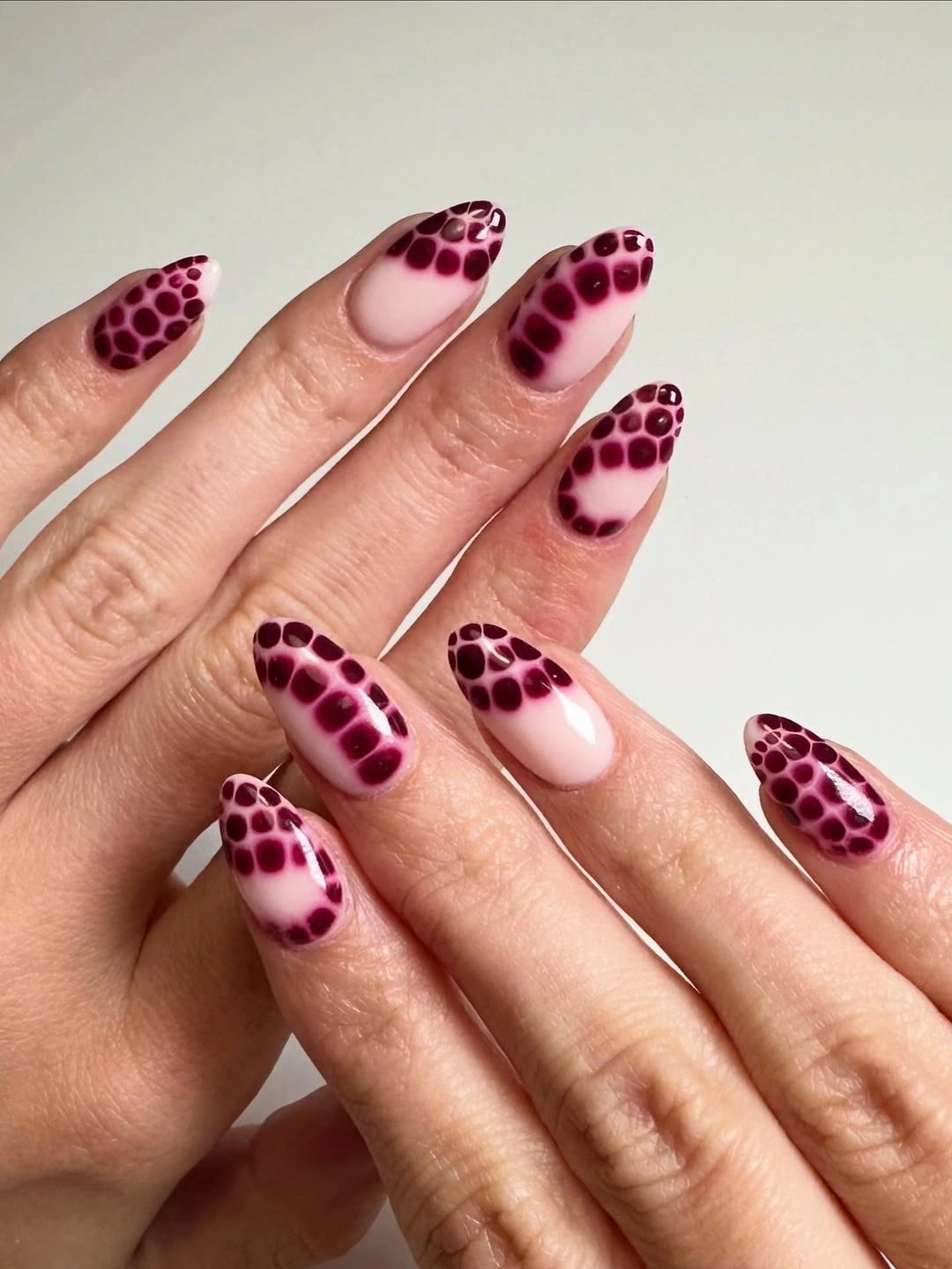 September nail designs 2026 Pink Almond Nails With Burgundy Dot Clusters