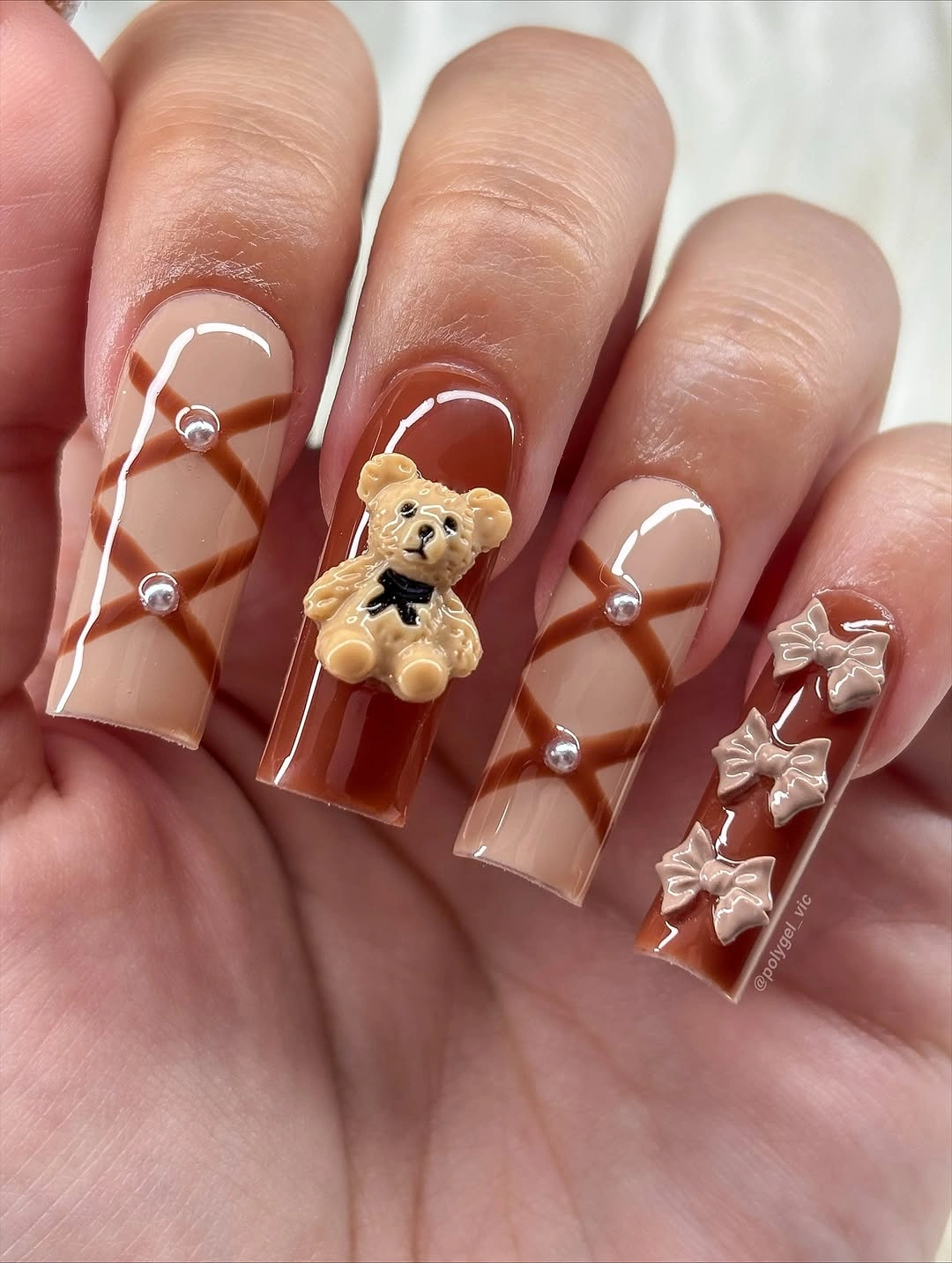 September nail designs 2026 Brown Coquette Bows With Tiny Pearls