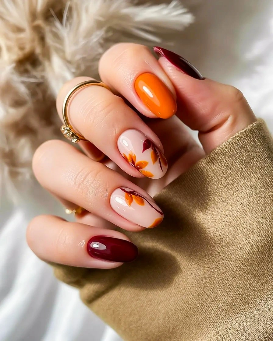 September nail designs 2026 Orange Floral Accent With Burgundy Nails
