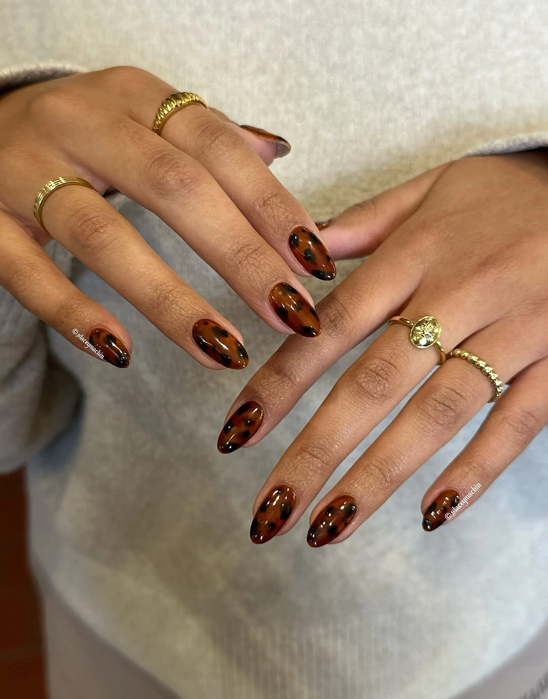 September nails color 2026 Amber Tortoise Almond Nails