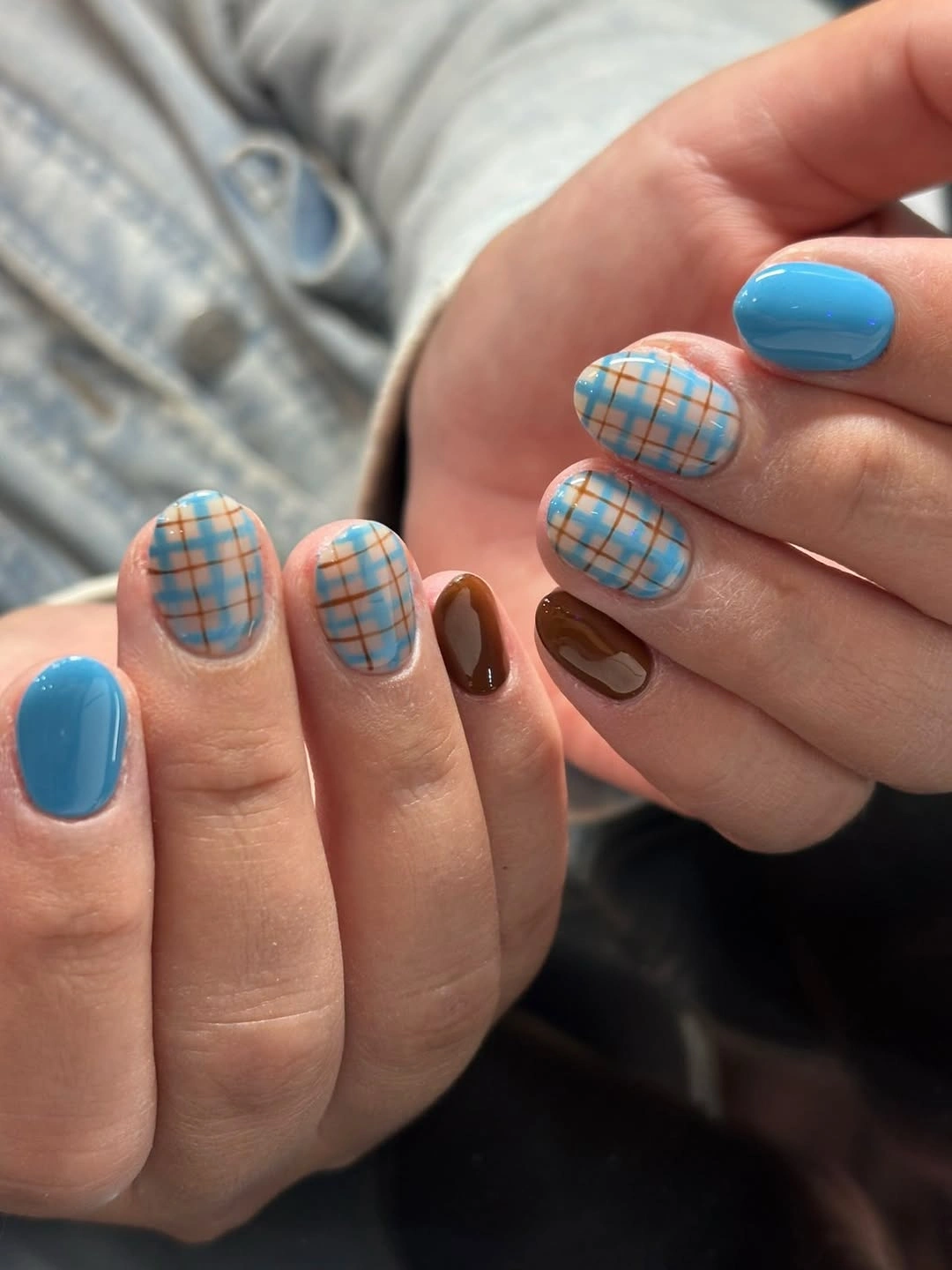 September nails color 2026 Blue Plaid Short Nails With Brown Accent