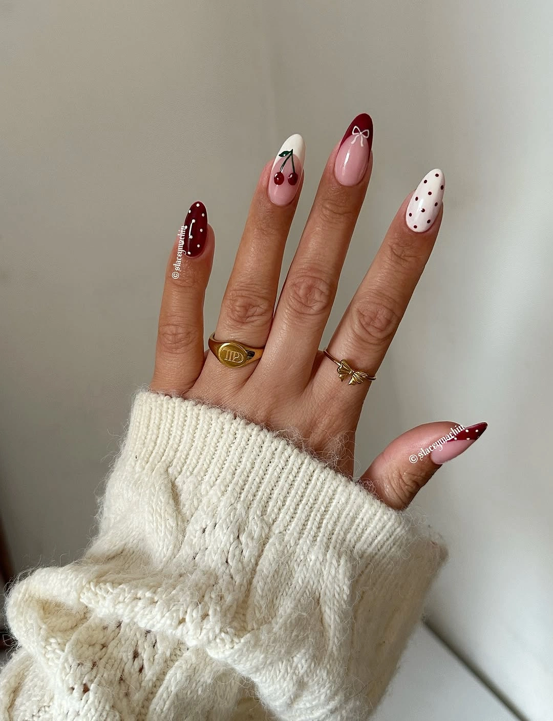September nails color 2026 Burgundy Dots And Tiny Heart Accents