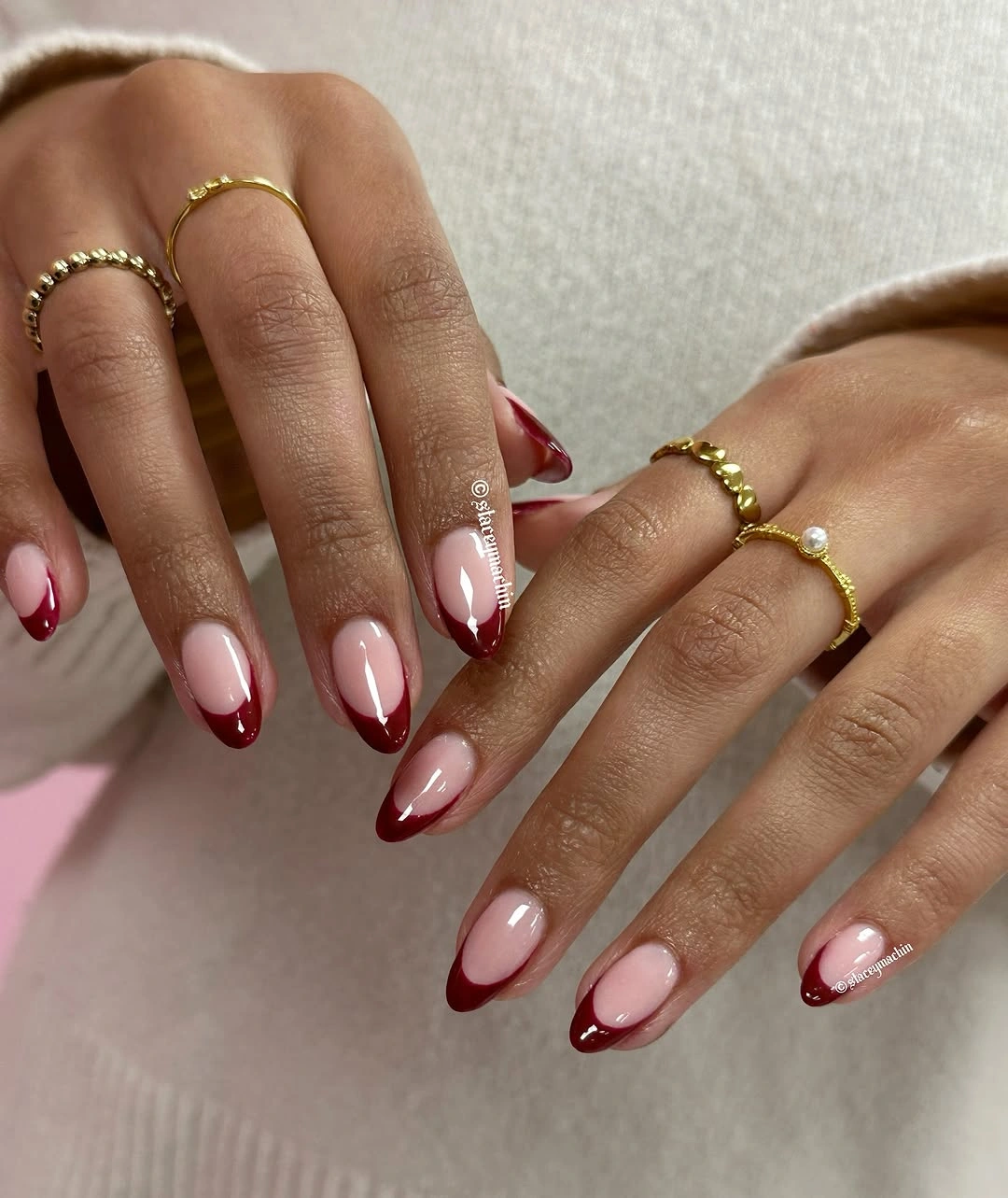 September nails color 2026 Slim Red French Tips On Blush Almonds