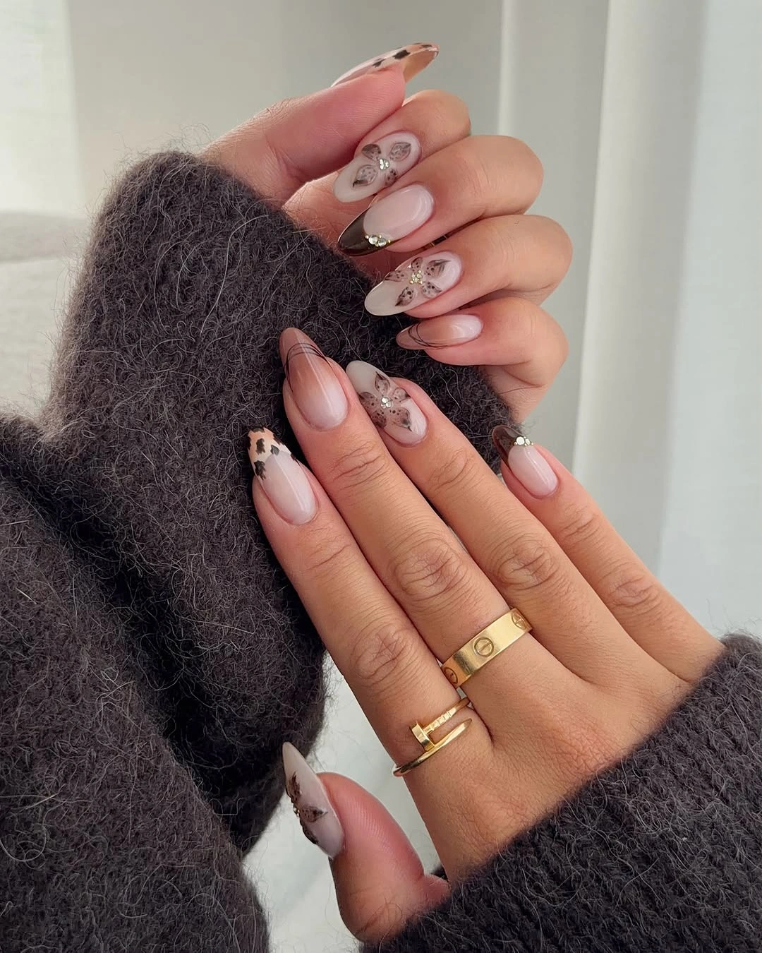 September nails color 2026 Milky Pink Nails With Burgundy Leaf Details