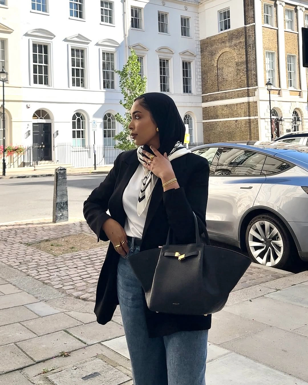 September outfits ideas 2026 Black Blazer With Denim And Silk Scarf