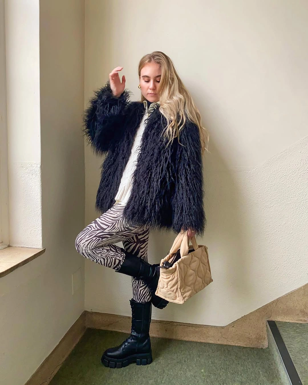 shaggy jacket Black Shaggy Jacket With Zebra Print Leggings