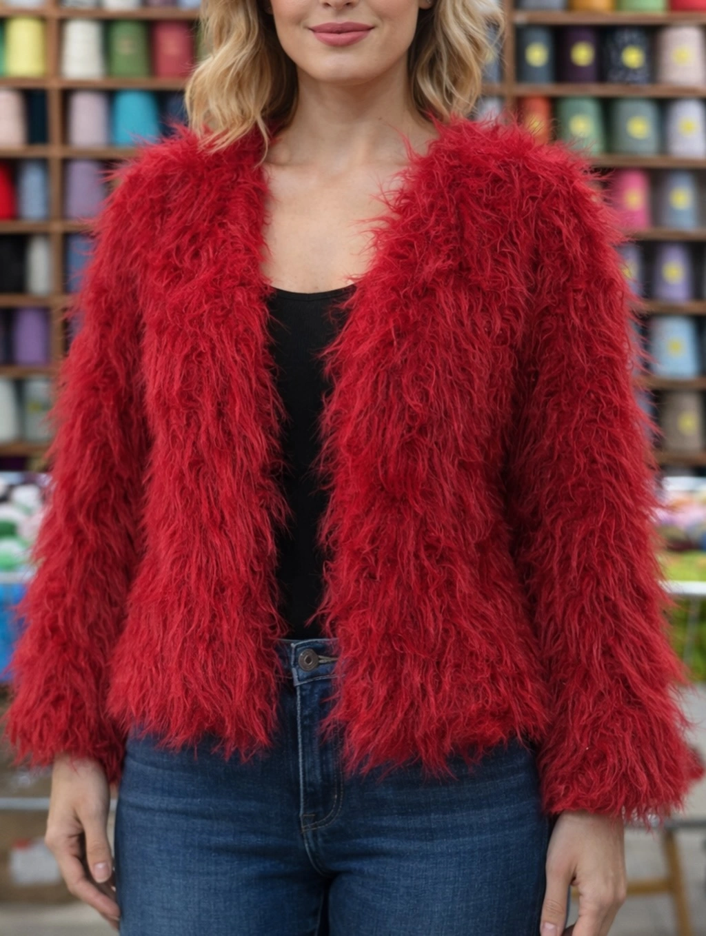 shaggy jacket Red Shaggy Jacket With A Simple Black Tank