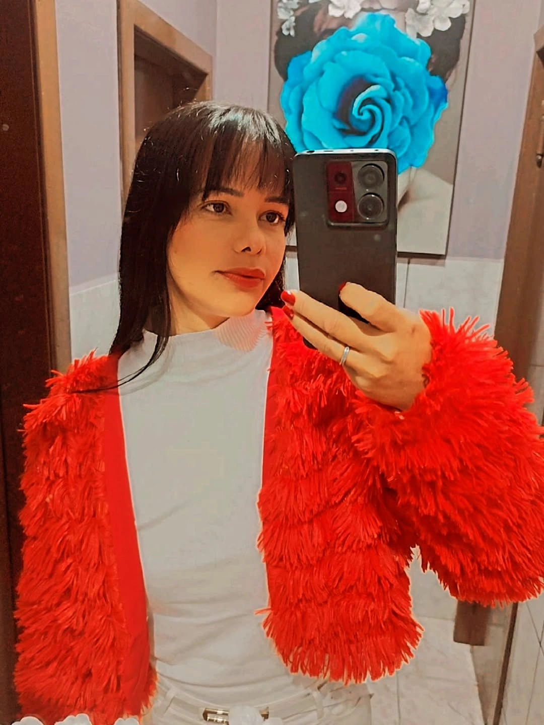 shaggy jacket Cropped Red Shaggy Jacket Over White Layers