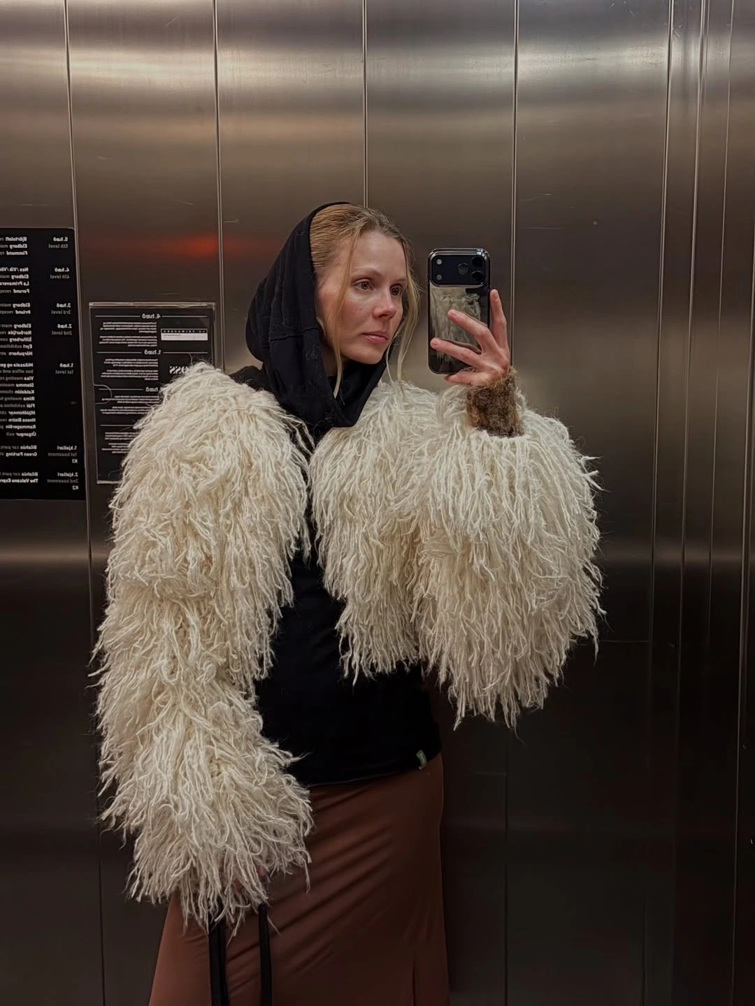 shaggy jacket Ivory Shaggy Jacket With A Black Hood