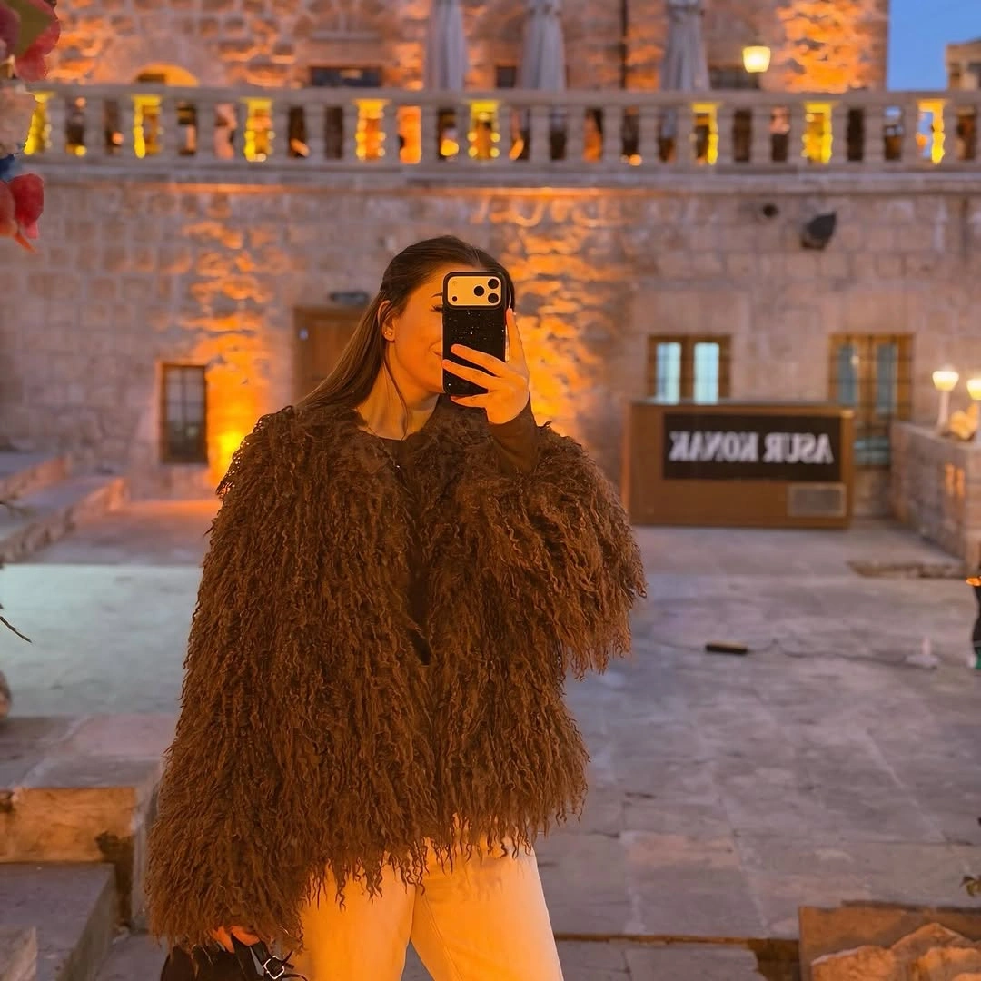 shaggy jacket Warm Brown Shaggy Jacket With Light Pants
