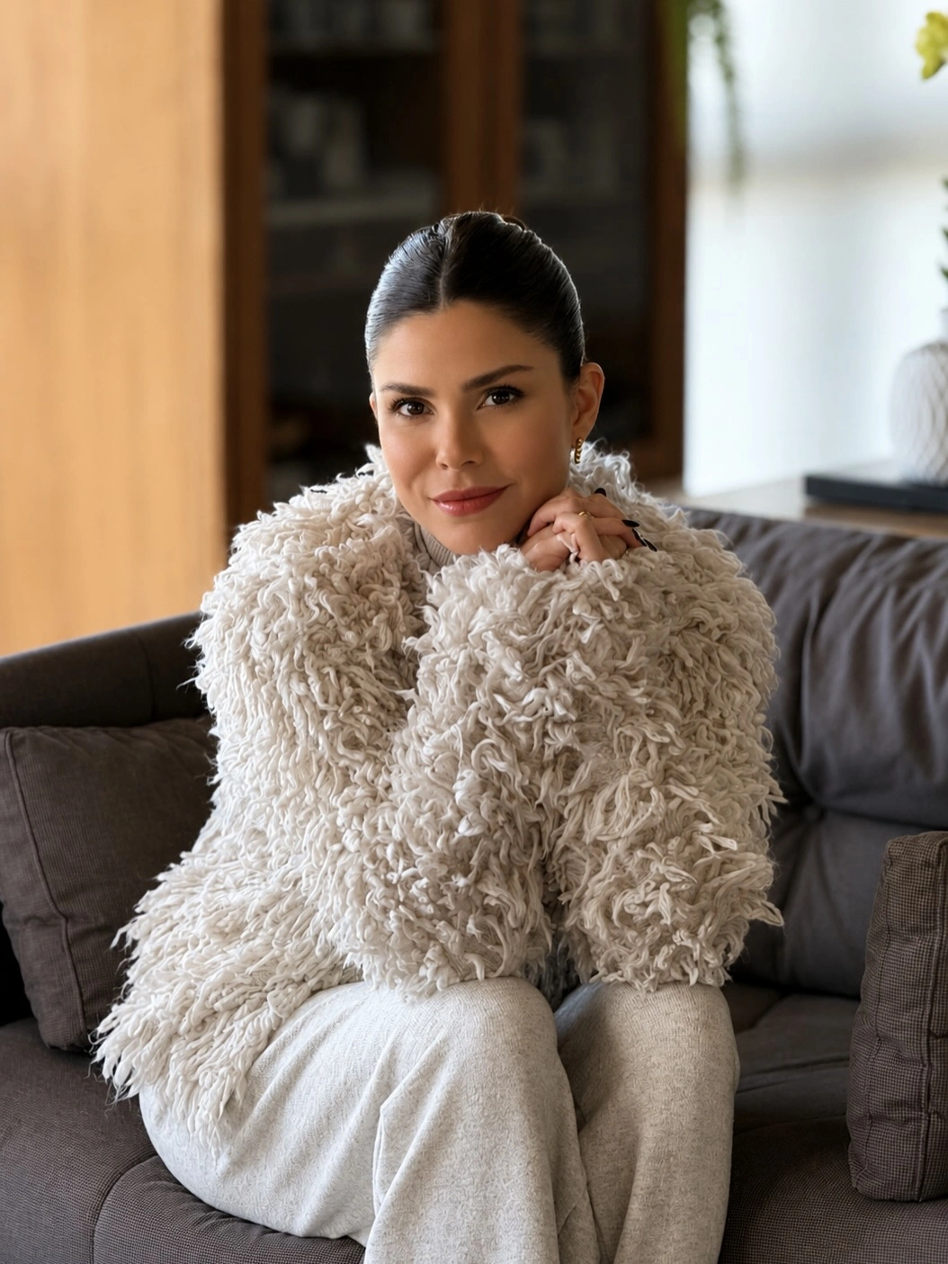 shaggy jacket Cream Loop Texture Shaggy Jacket With Soft Pants
