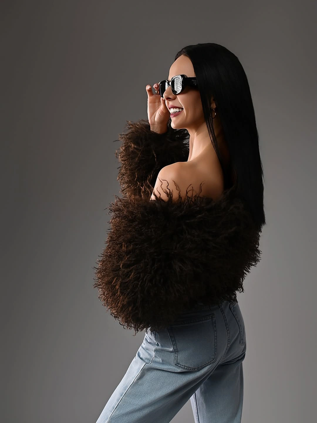 shaggy jacket Brown Off-Shoulder Shaggy Jacket With Light Denim