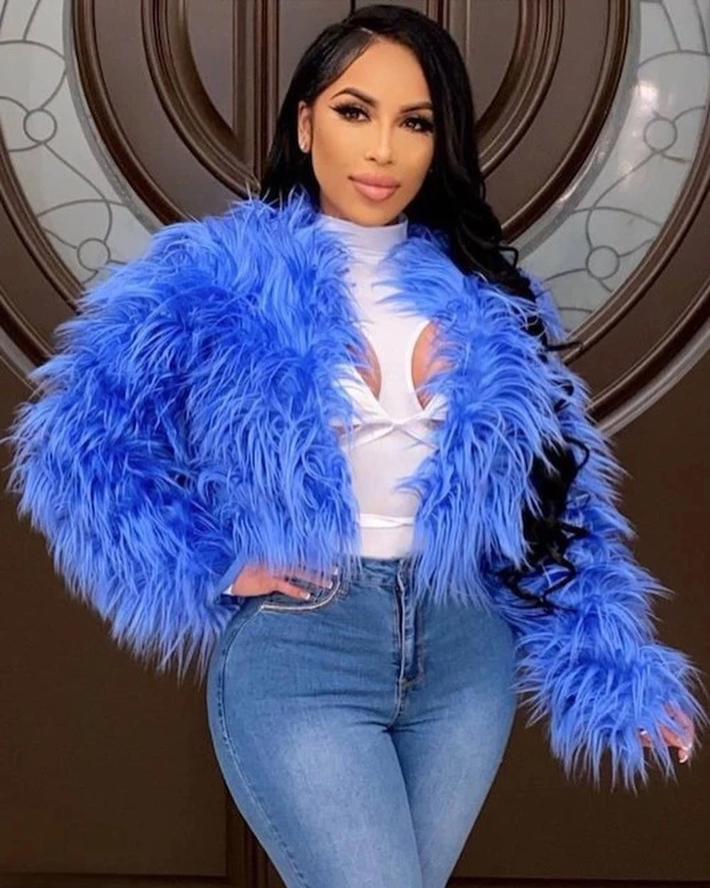 shaggy jacket Bright Blue Cropped Shaggy Jacket With Denim