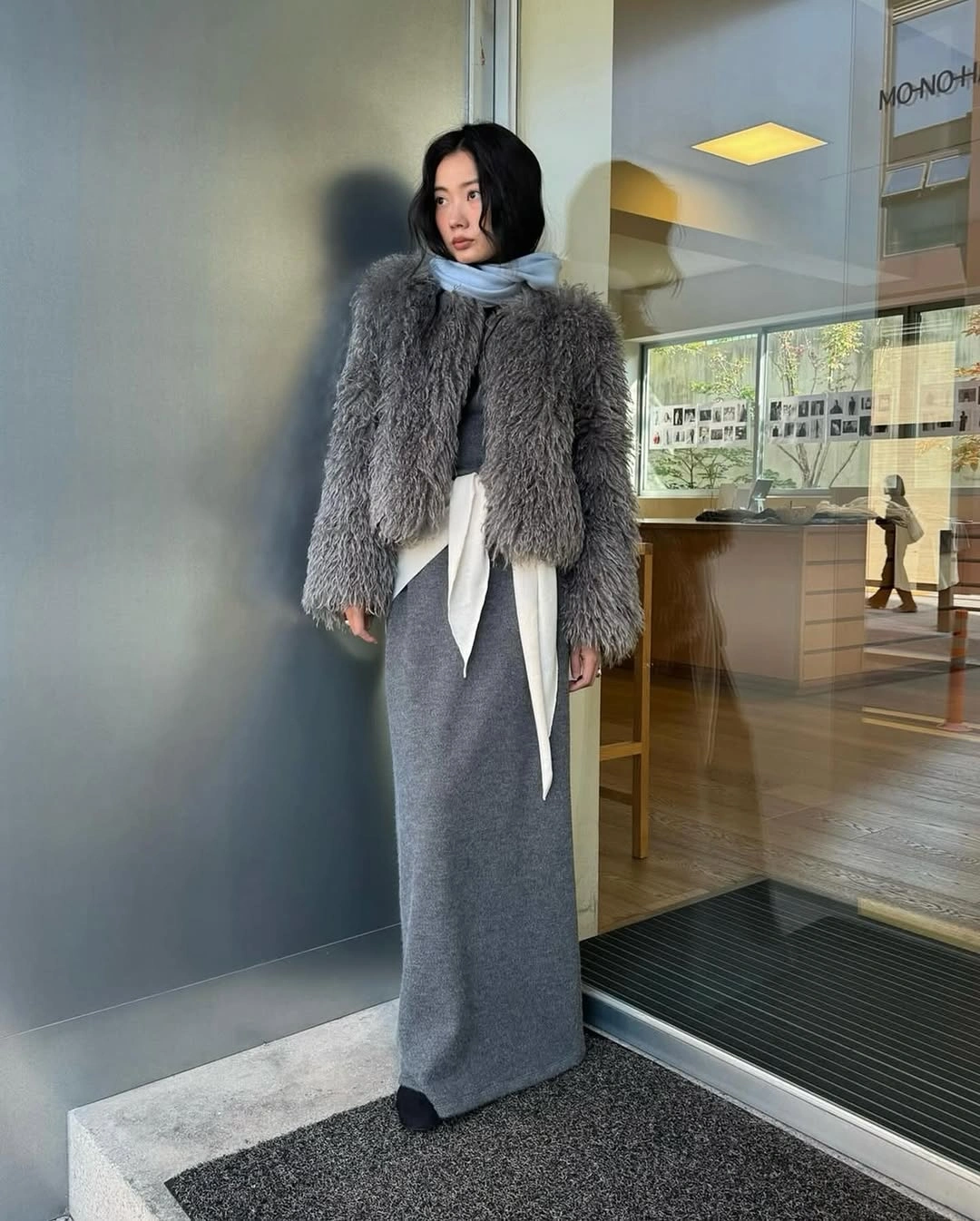 shaggy jacket Grey Shaggy Jacket With A Long Column Skirt