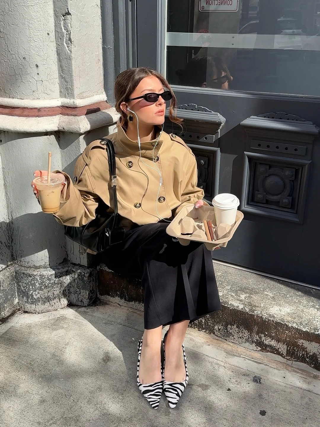 Trench coat fall outfits 2026 Cropped Camel Trench with Zebra Heels for Chic Coffee Runs
