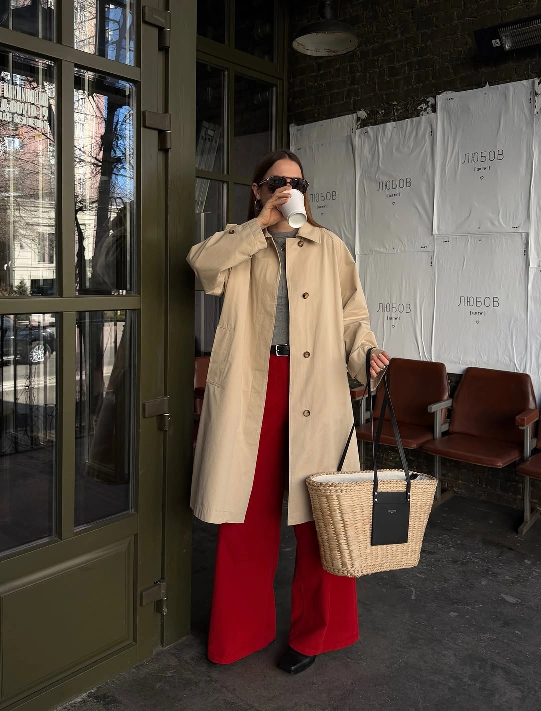 Trench coat fall outfits 2026 Classic Beige Trench with Bold Red Trousers for an Unexpected Twist