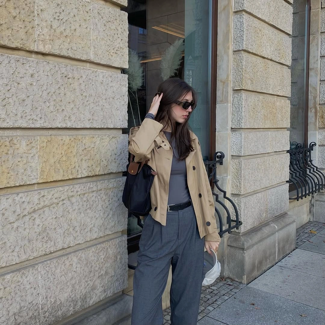 Trench coat fall outfits 2026 Cropped Tan Trench with Gray Trousers for Modern Office Style