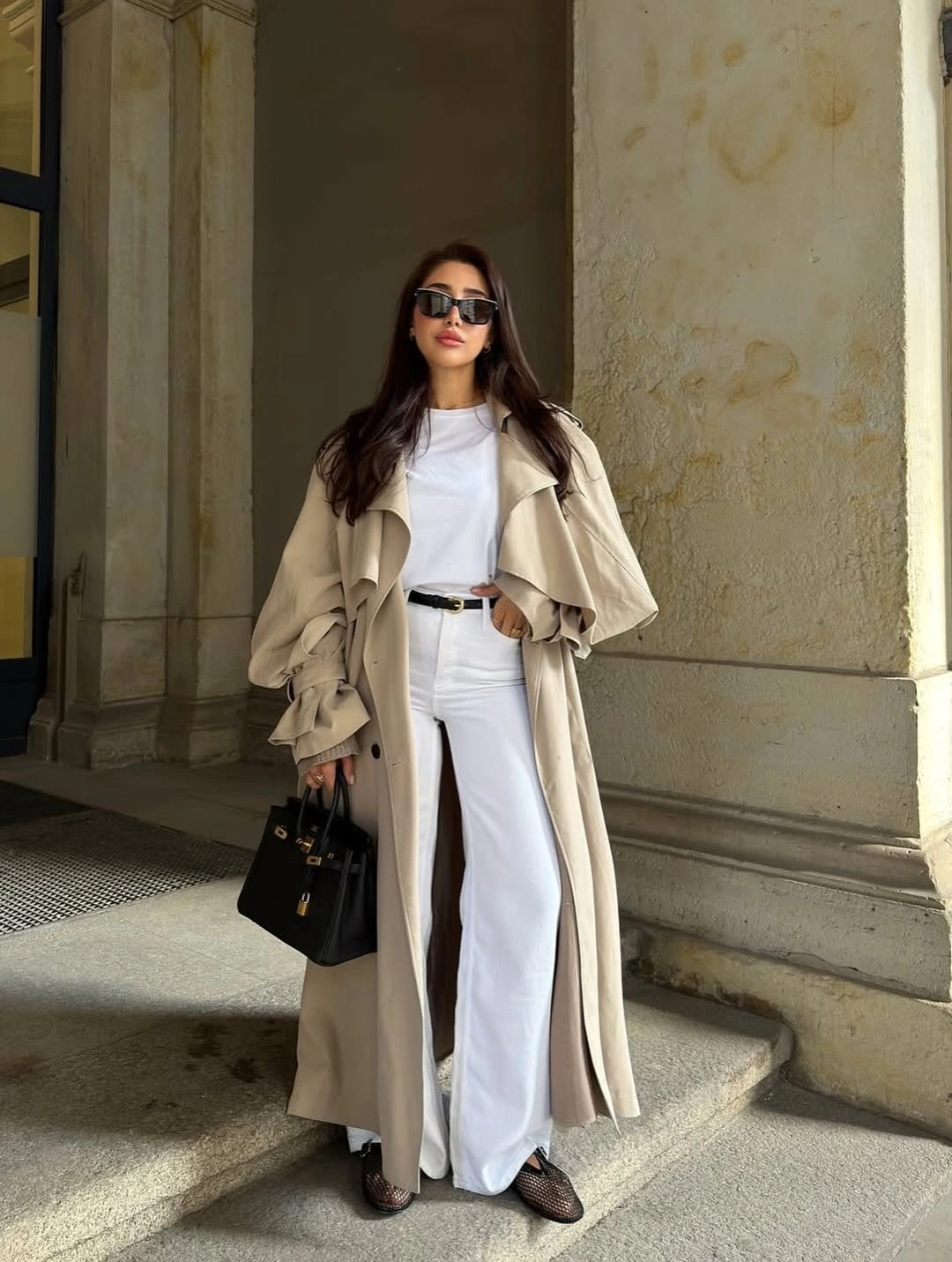 Trench coat fall outfits 2026 Monochrome White with a Flowing Beige Trench for Quiet Luxury