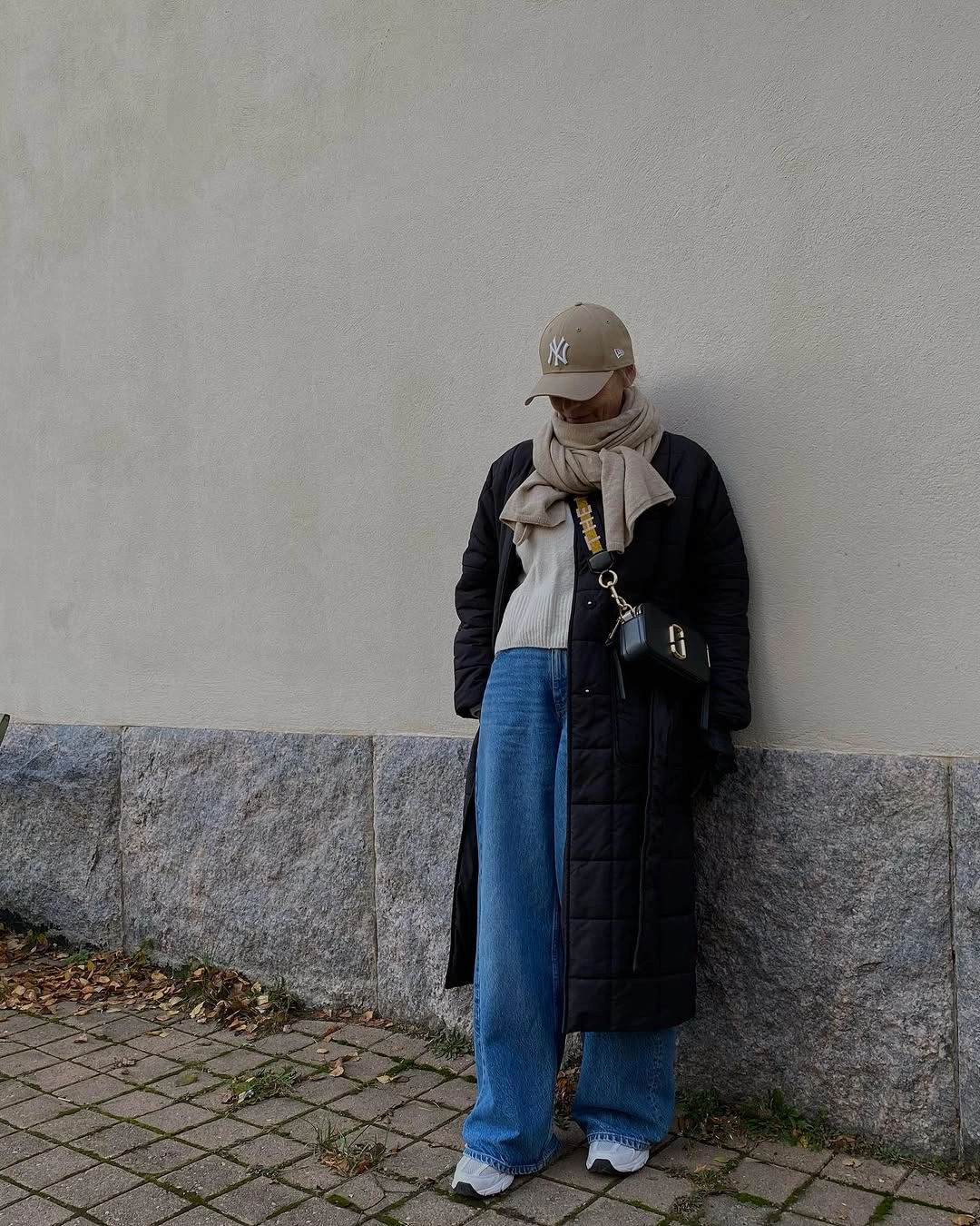 wide leg jeans outfit fall 2026 Layered Cold-Weather Basics With Light Wash Wide-Leg Jeans