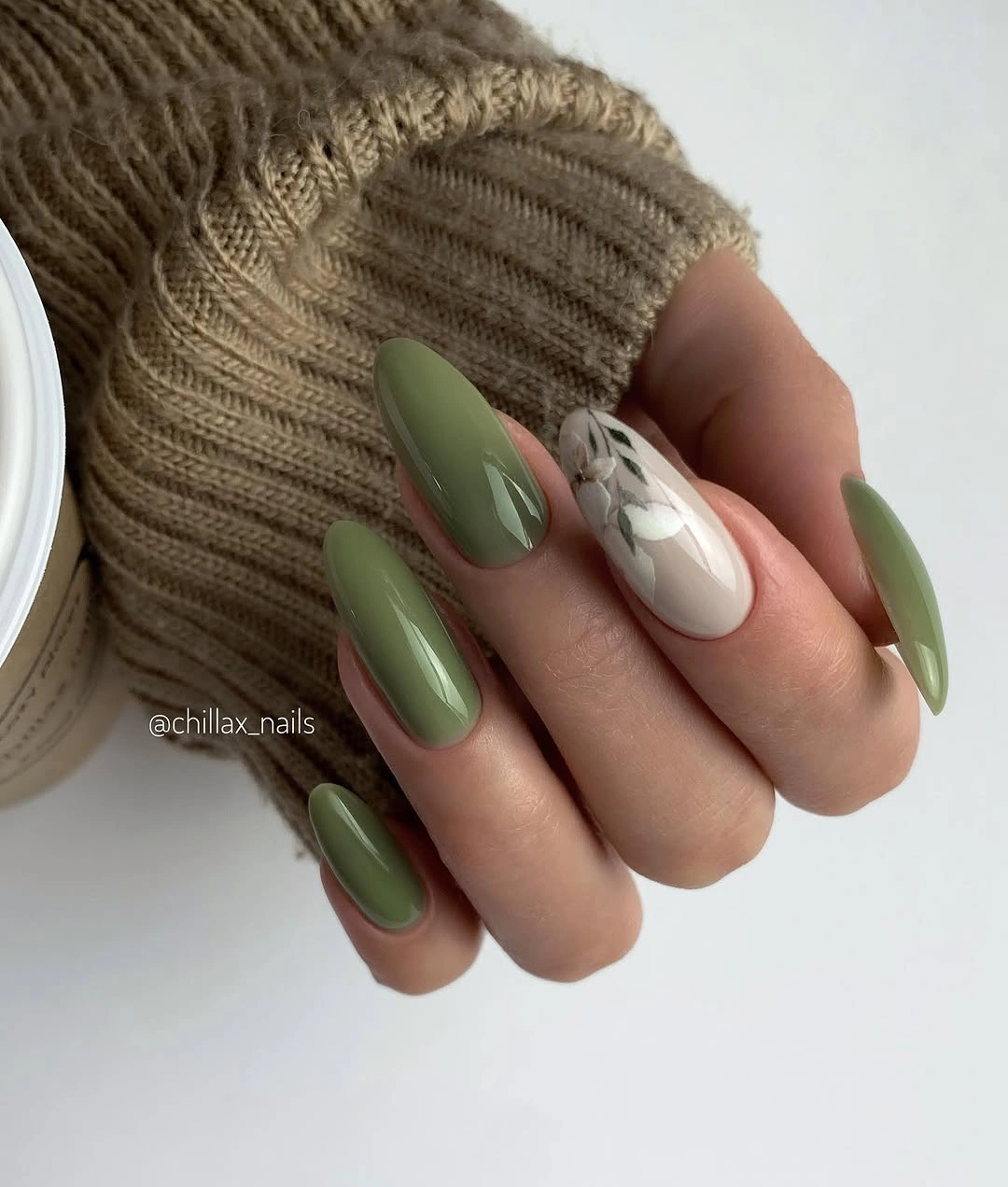 medium almond olive green and cream marbled nails