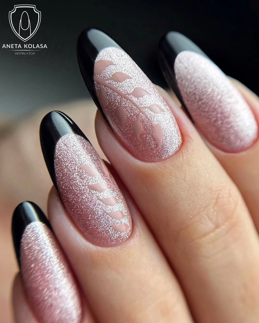 long almond pearly pink nails with dark tips