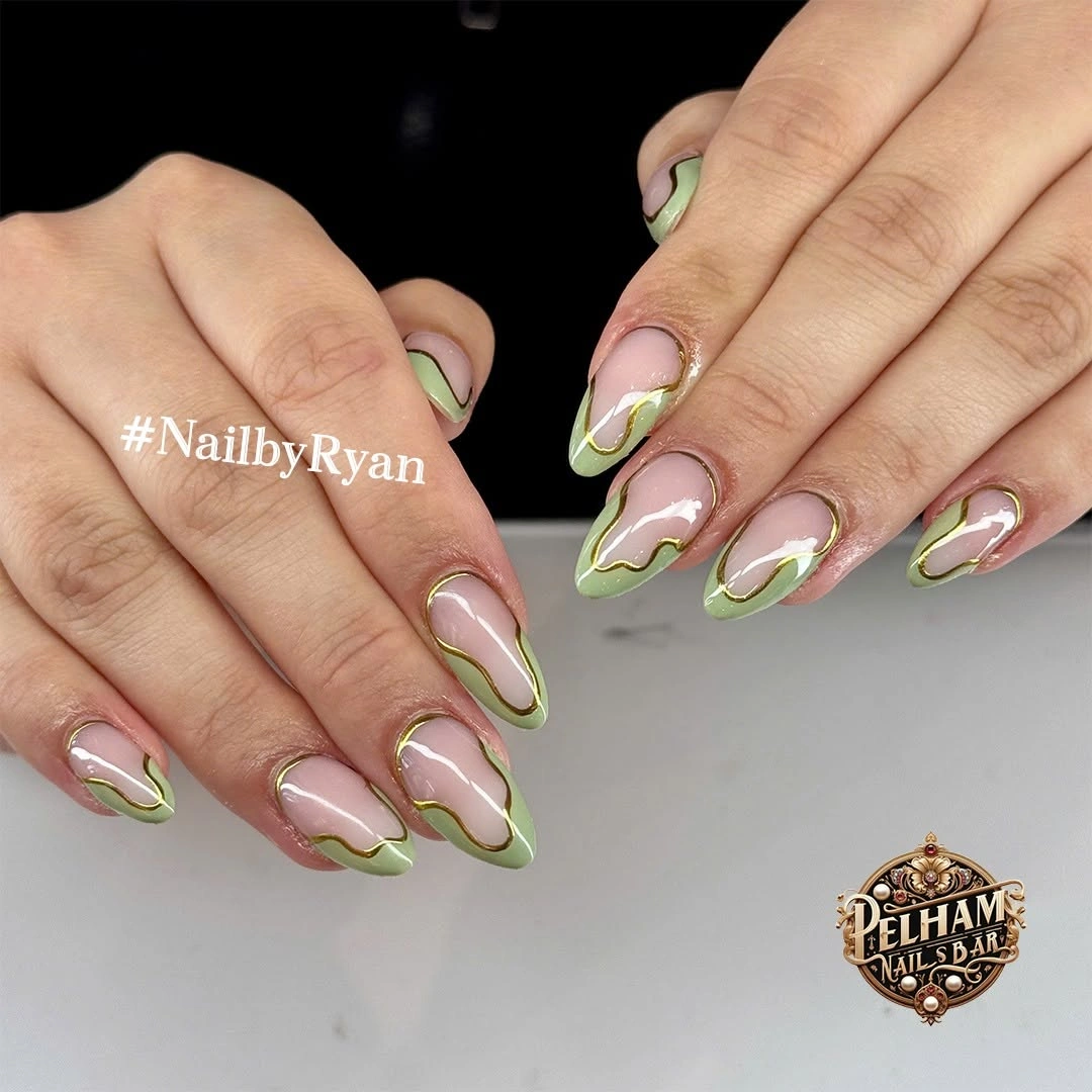 medium almond sheer nails with bright green outline tips