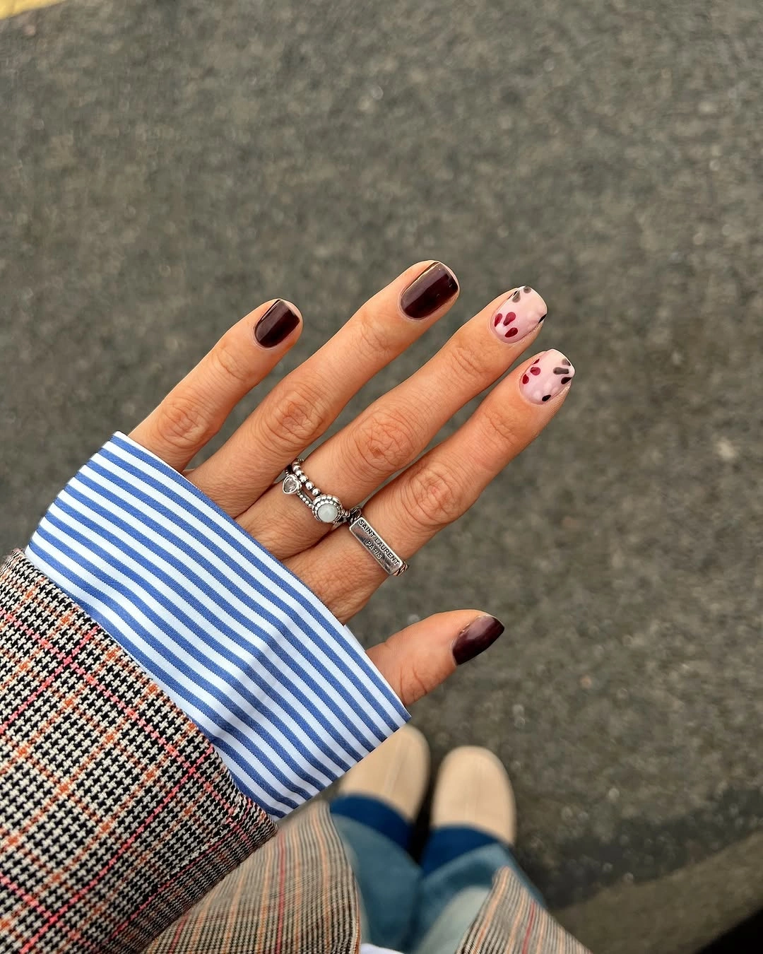 medium oval burgundy and pink patterned nails