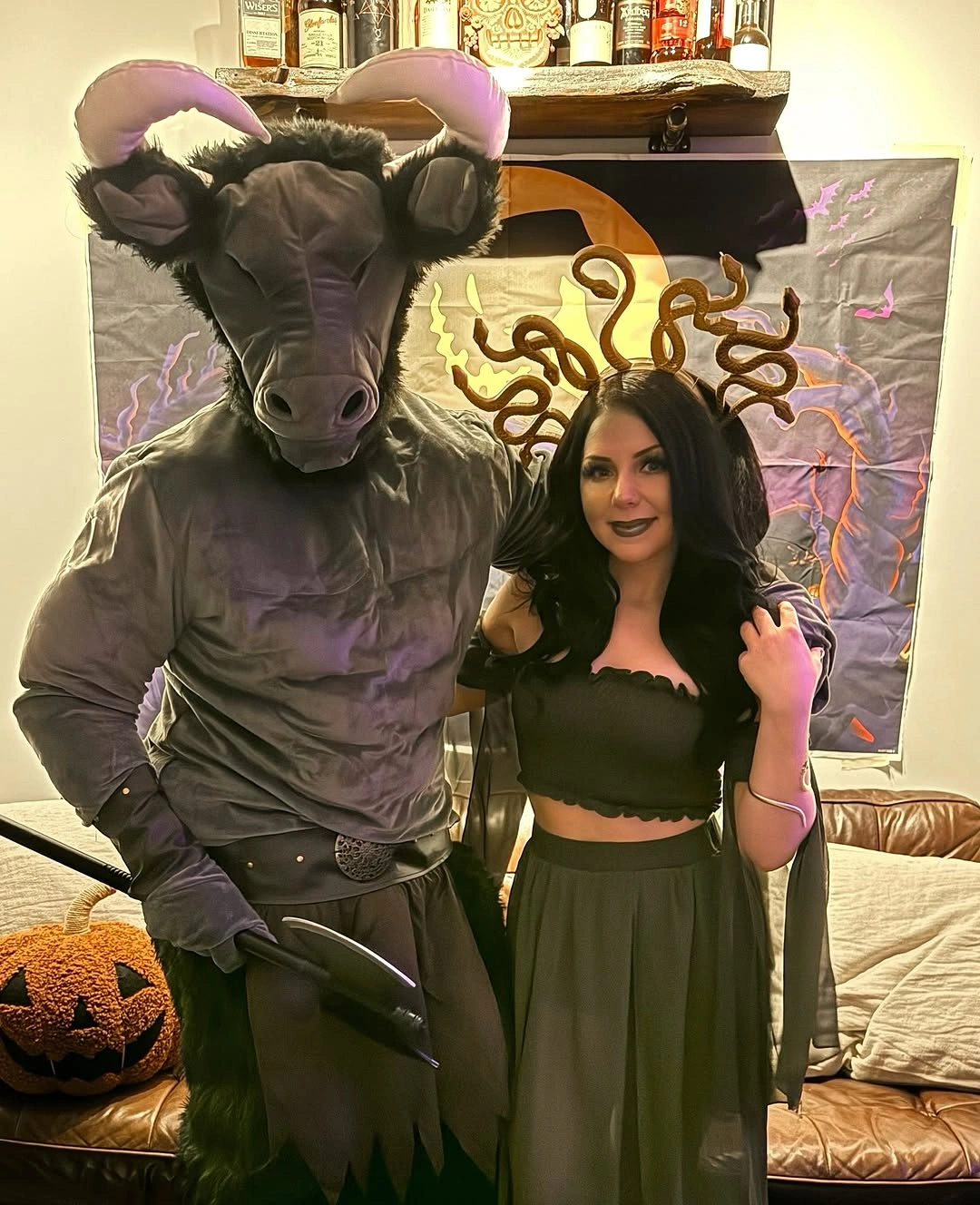 Black crop top and long skirt costume with horn headband