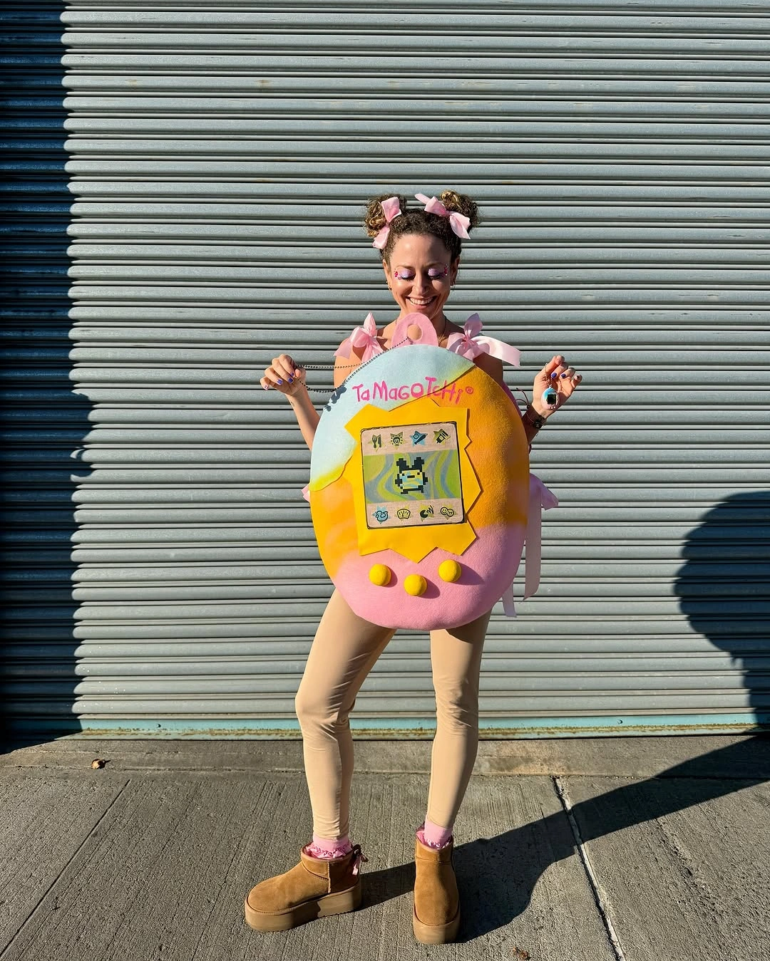 Padded taco costume with beige tights and pink platform shoes