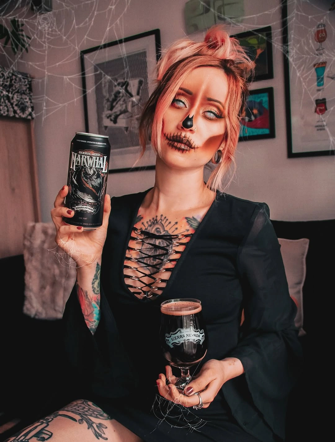 Black blazer and lace-up corset Halloween outfit with skull makeup