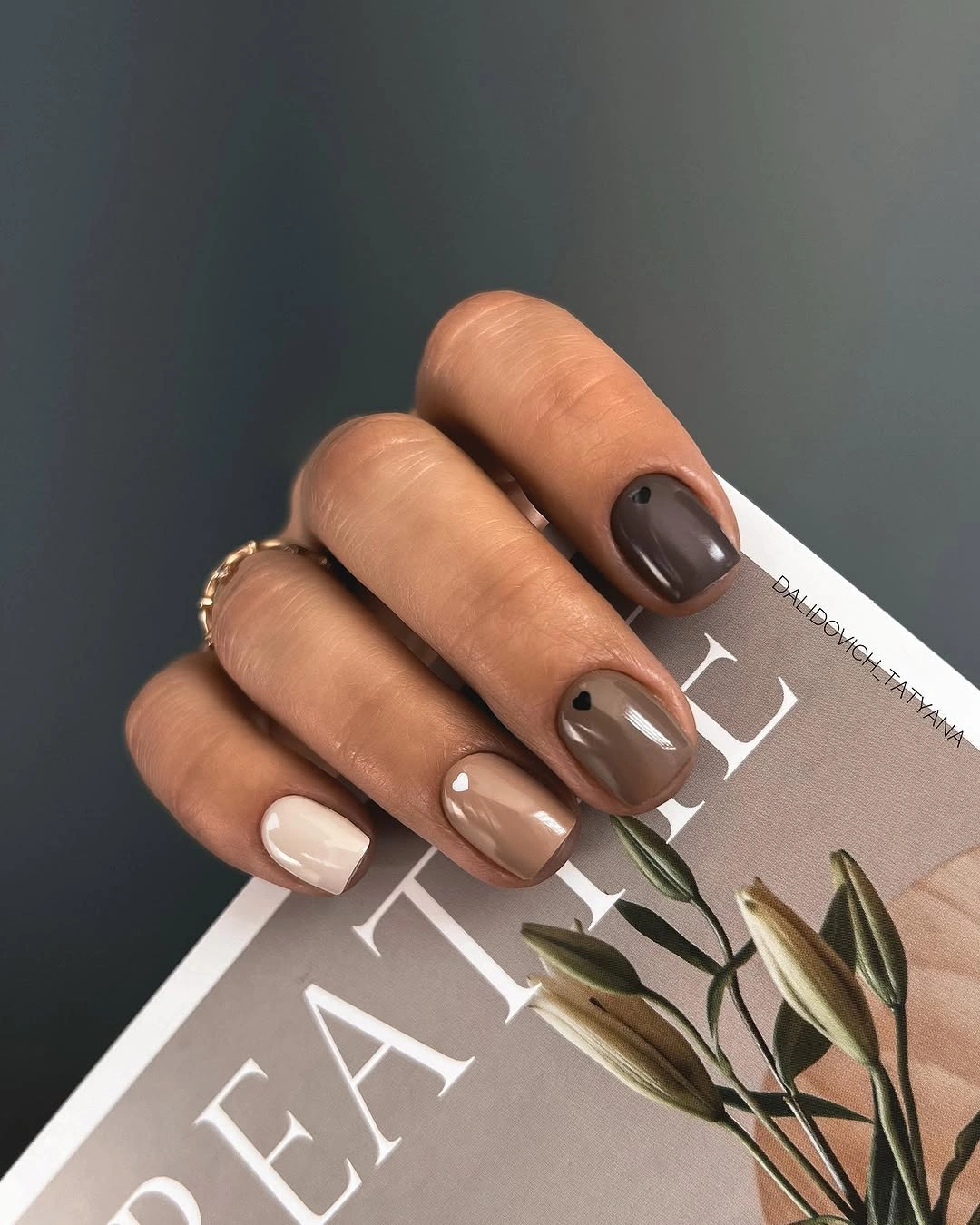 Short rounded nails in taupe cocoa cream and muted olive