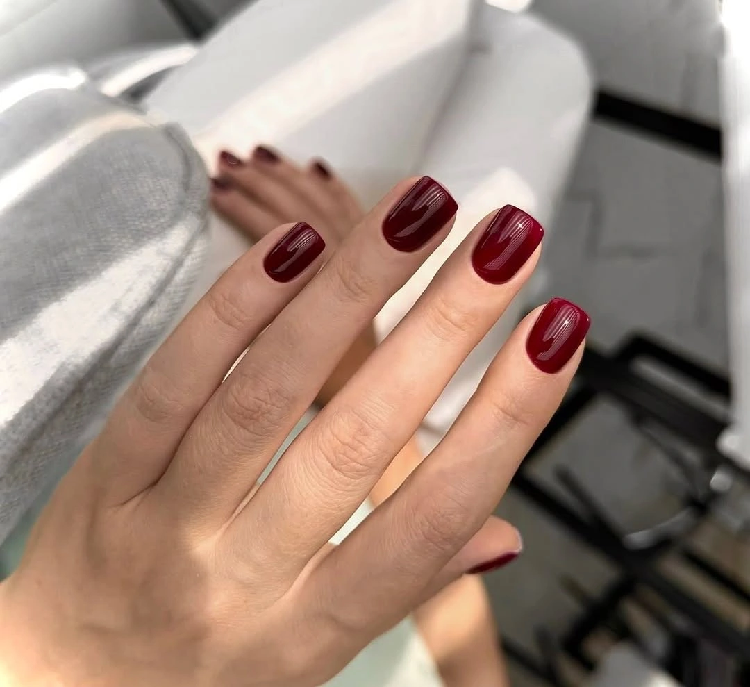 Deep burgundy square nails with one lighter accent