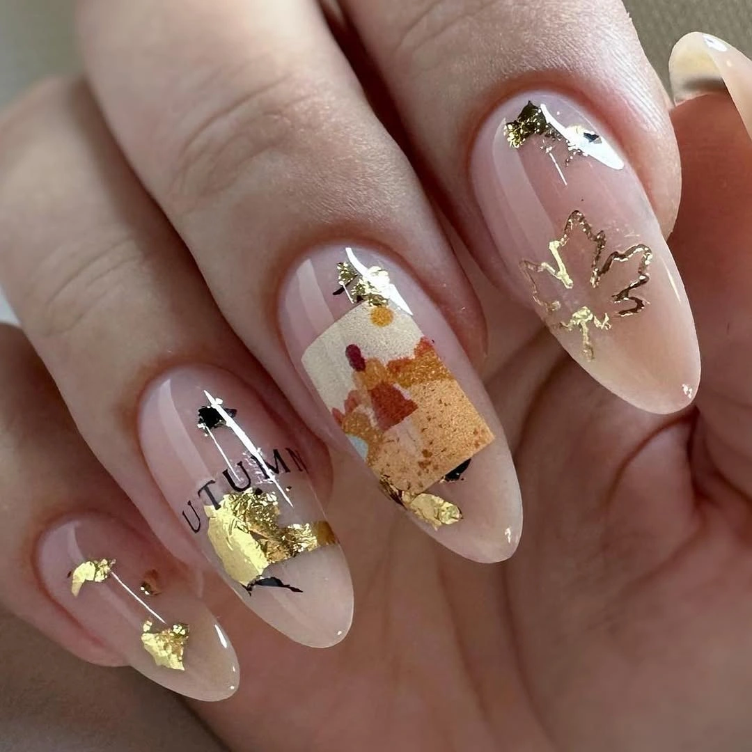 Pink nude nails with gold foil and fine linework