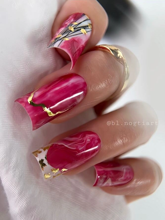 Fuchsia marble square nails with gold foil accents