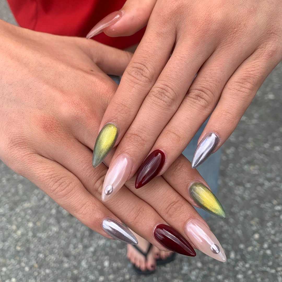 Long almond silver lime burgundy reflective nails