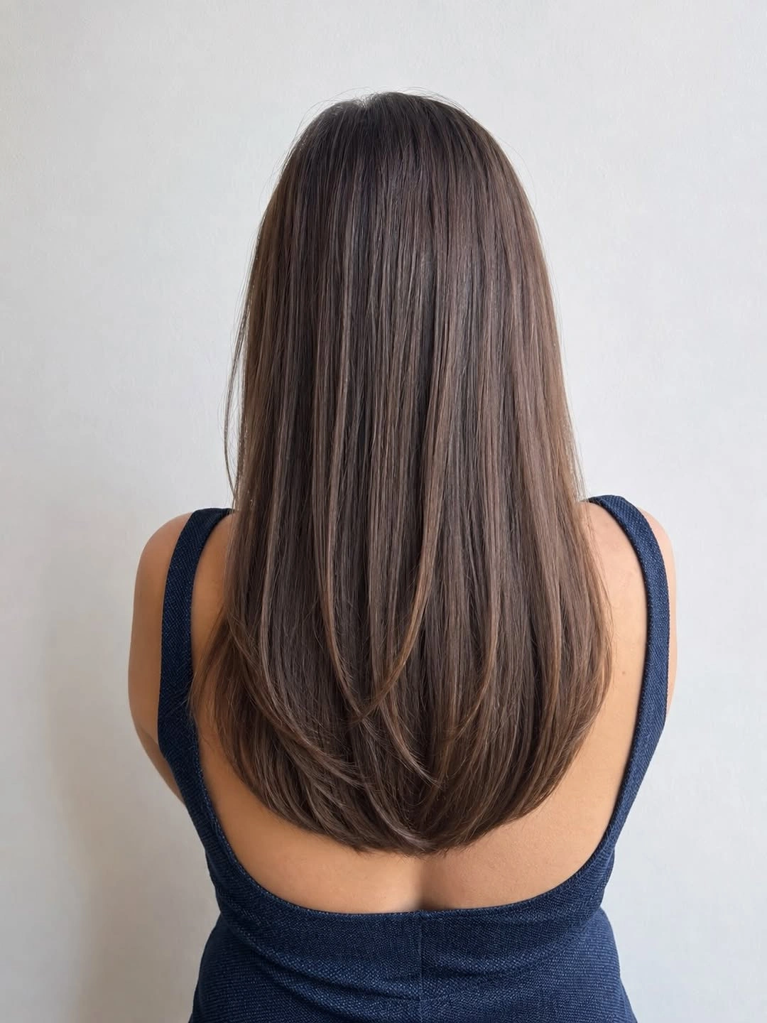 Long smooth brown hair with subtle warm dimension and rounded ends