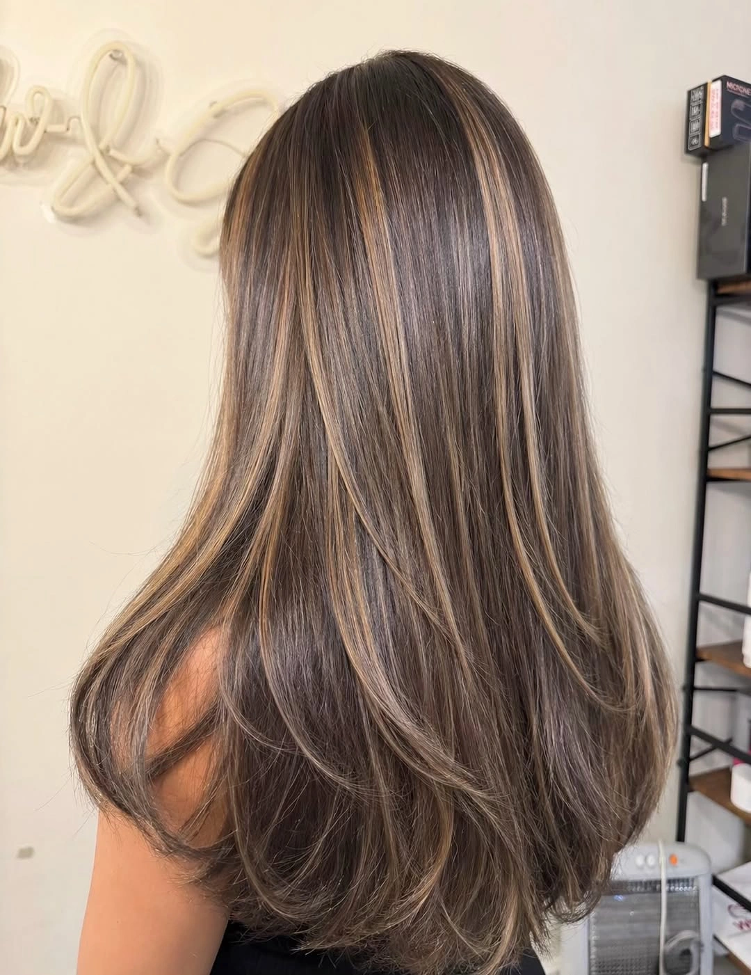 Long brown hair with fine lighter ribbons through the lengths