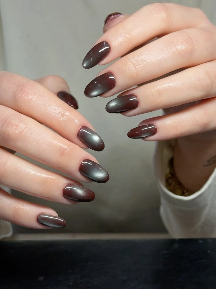 brown almond nails with silver gray tips
