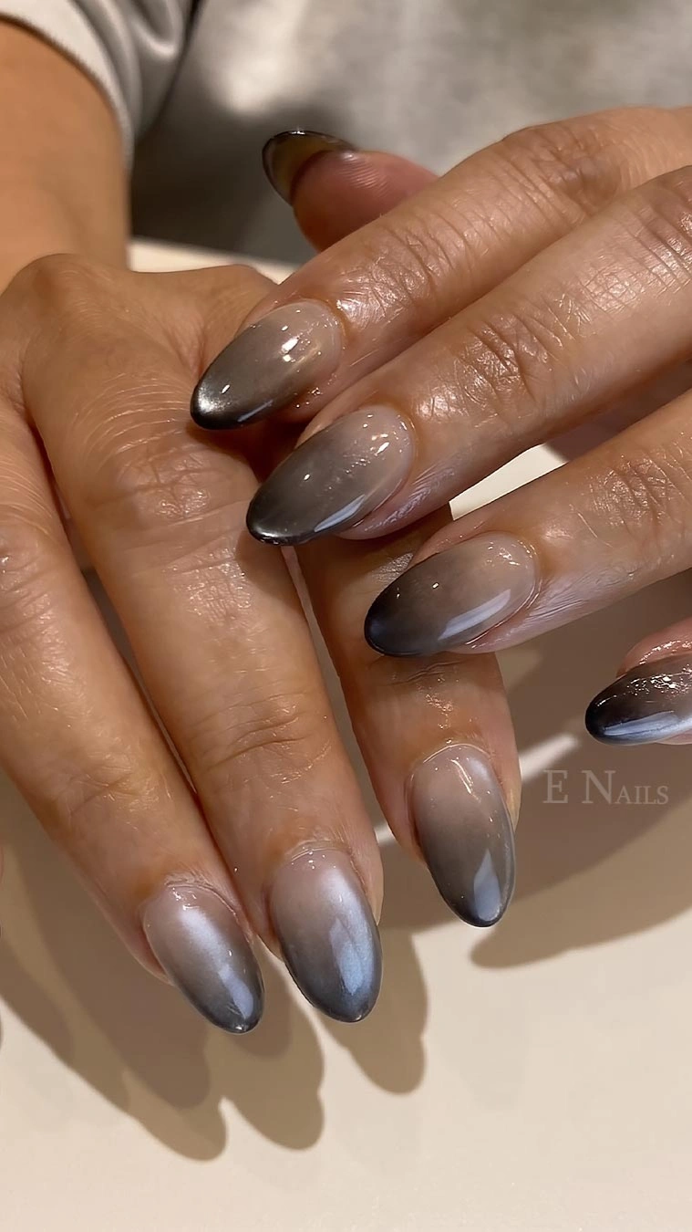 smoky brown gray almond gradient nails