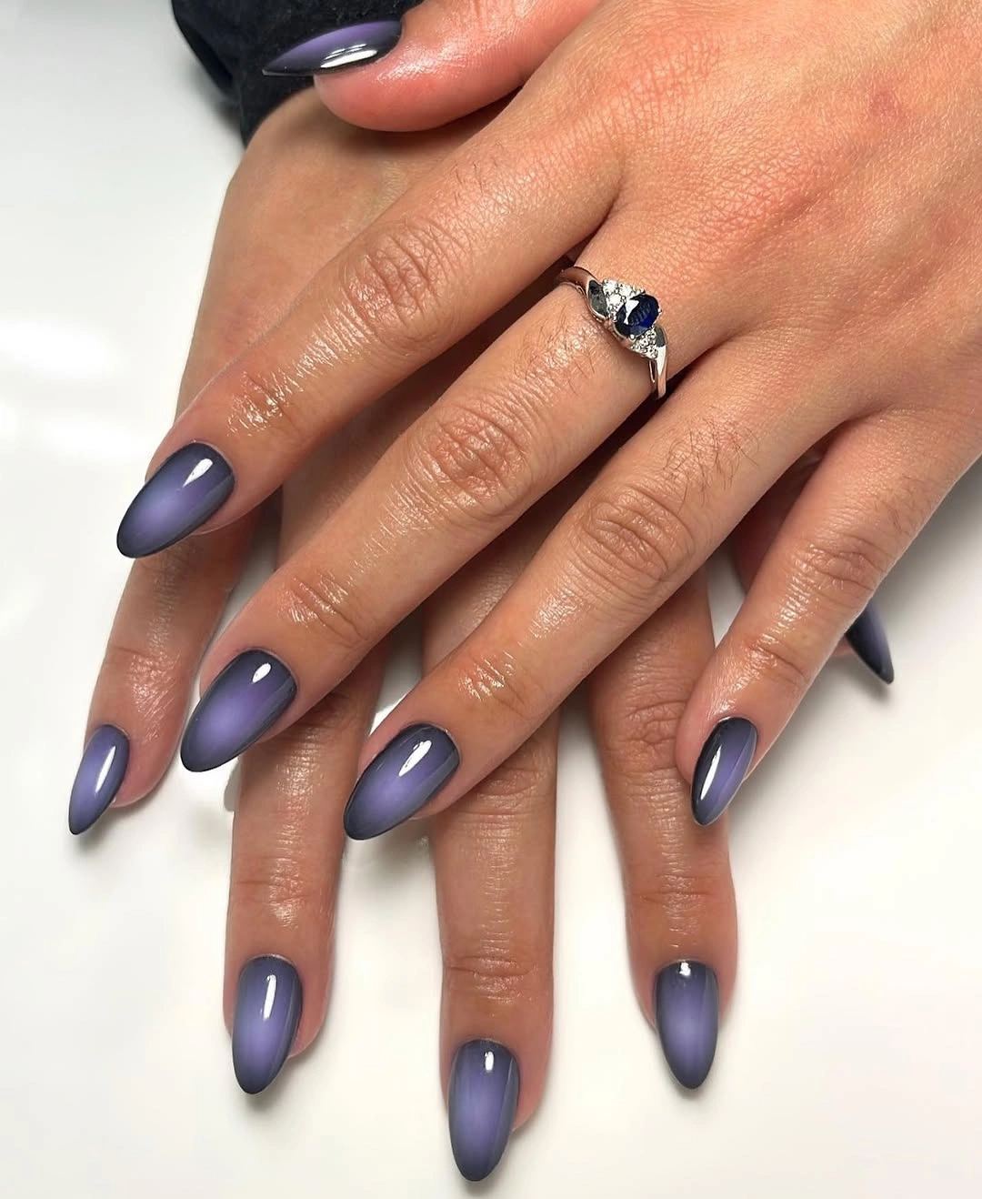 muted lavender blue long pointed nails