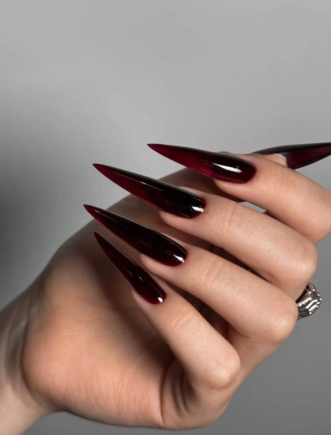 black burgundy very long stiletto nails