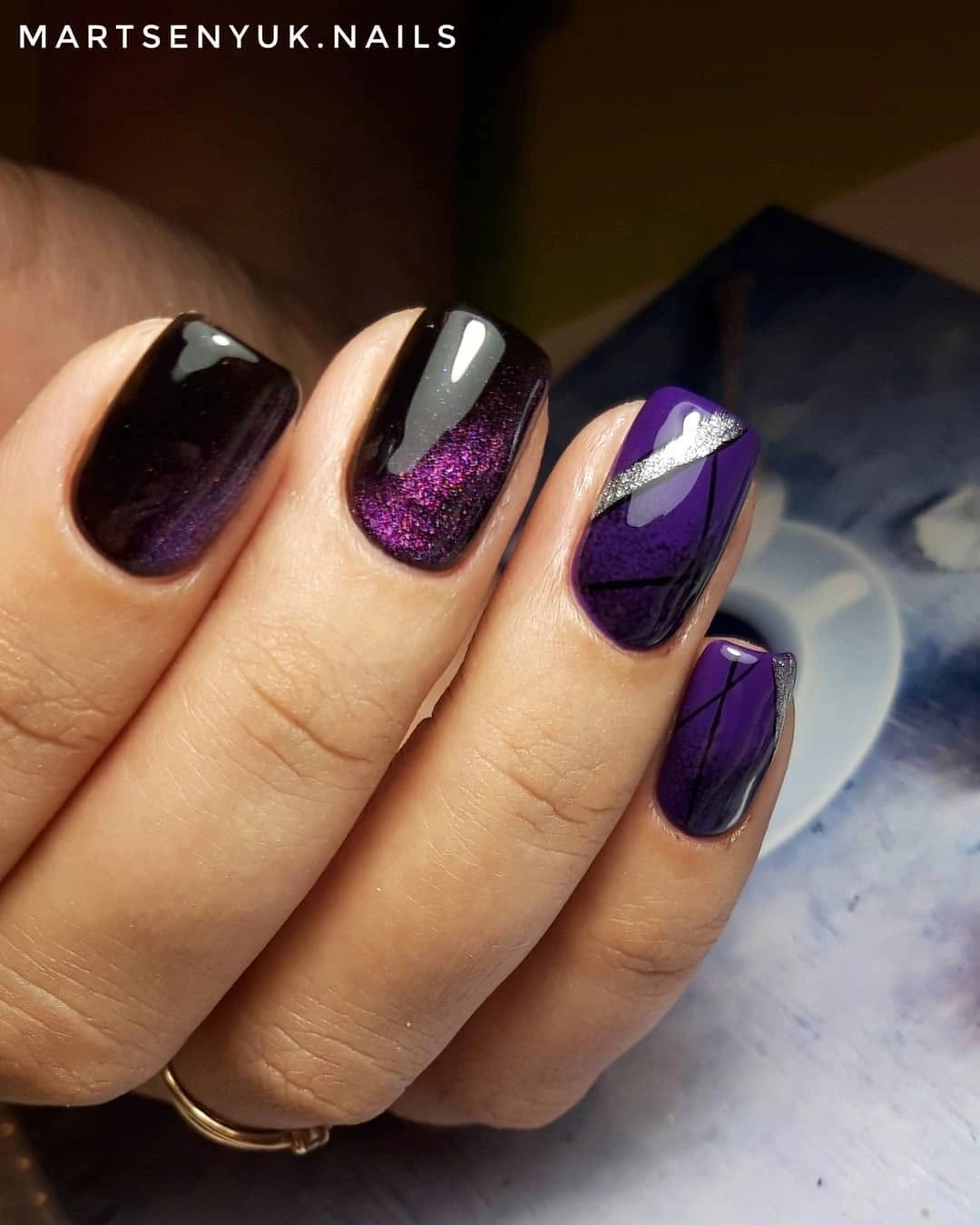 purple glitter coffin nails with white accent