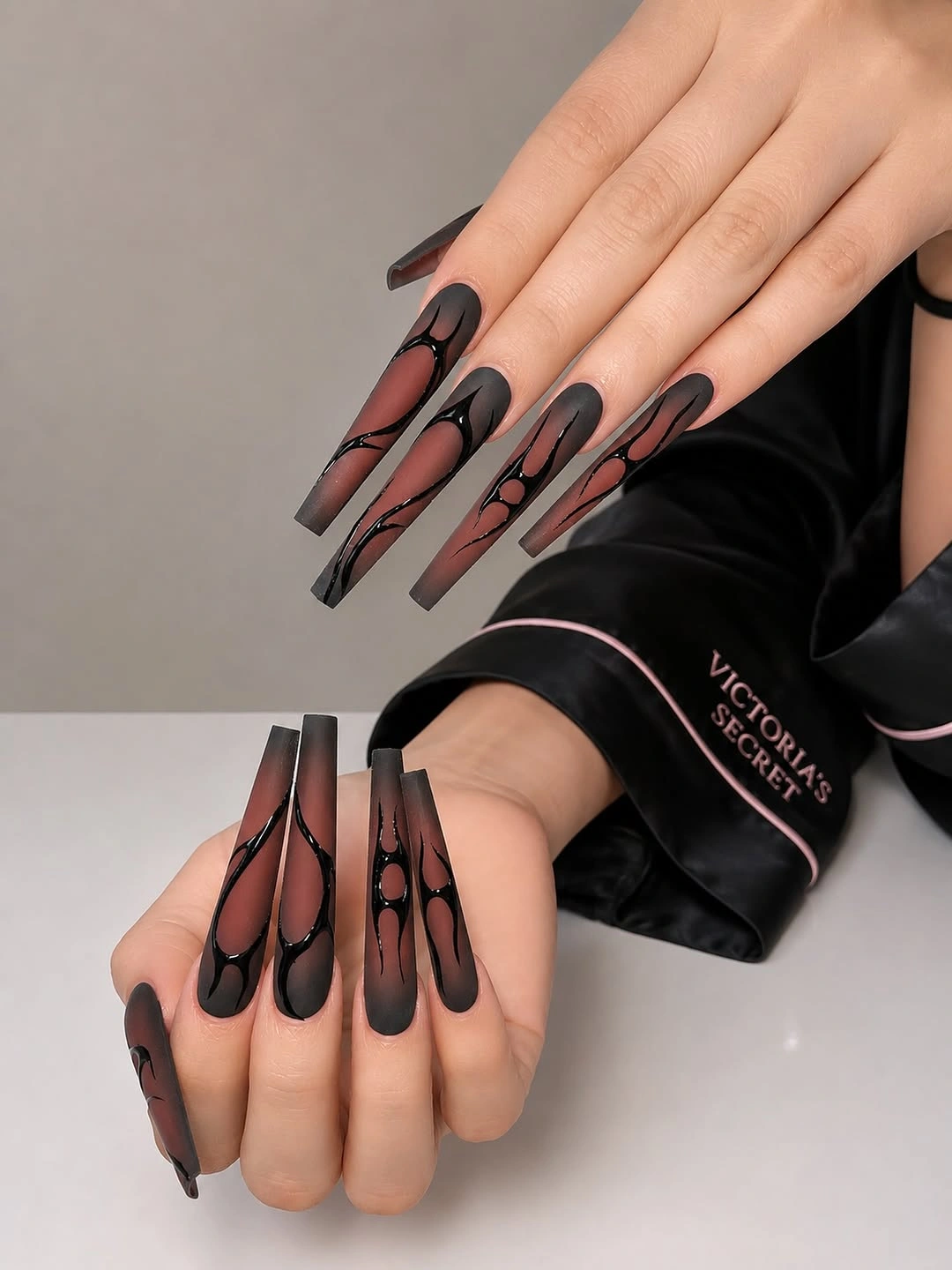 black coffin nails with burgundy wave tips