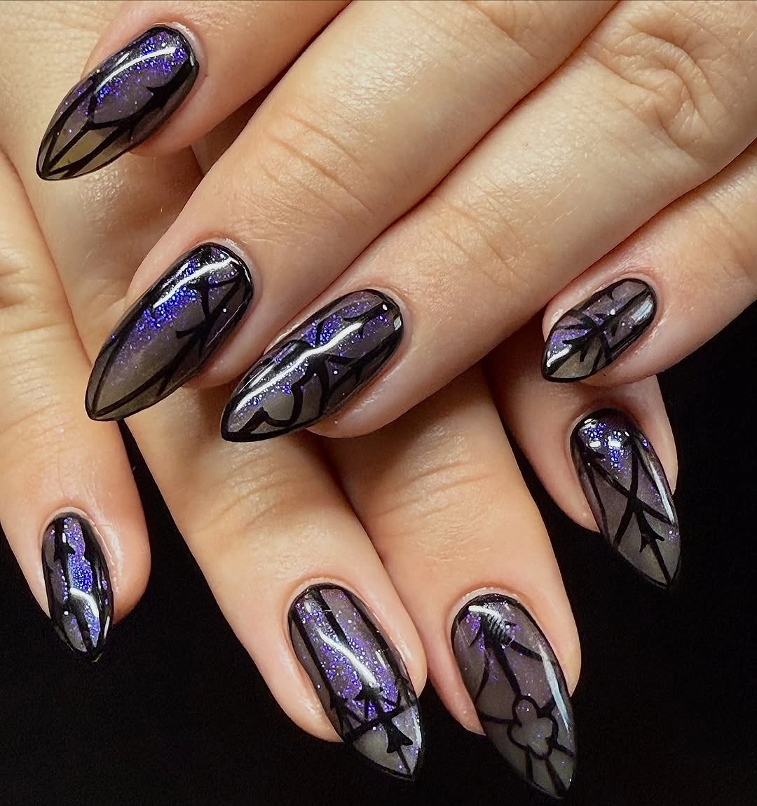long almond nails with purple chrome lines