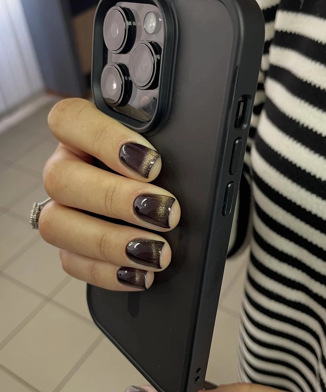 black gray short square nails with light marks