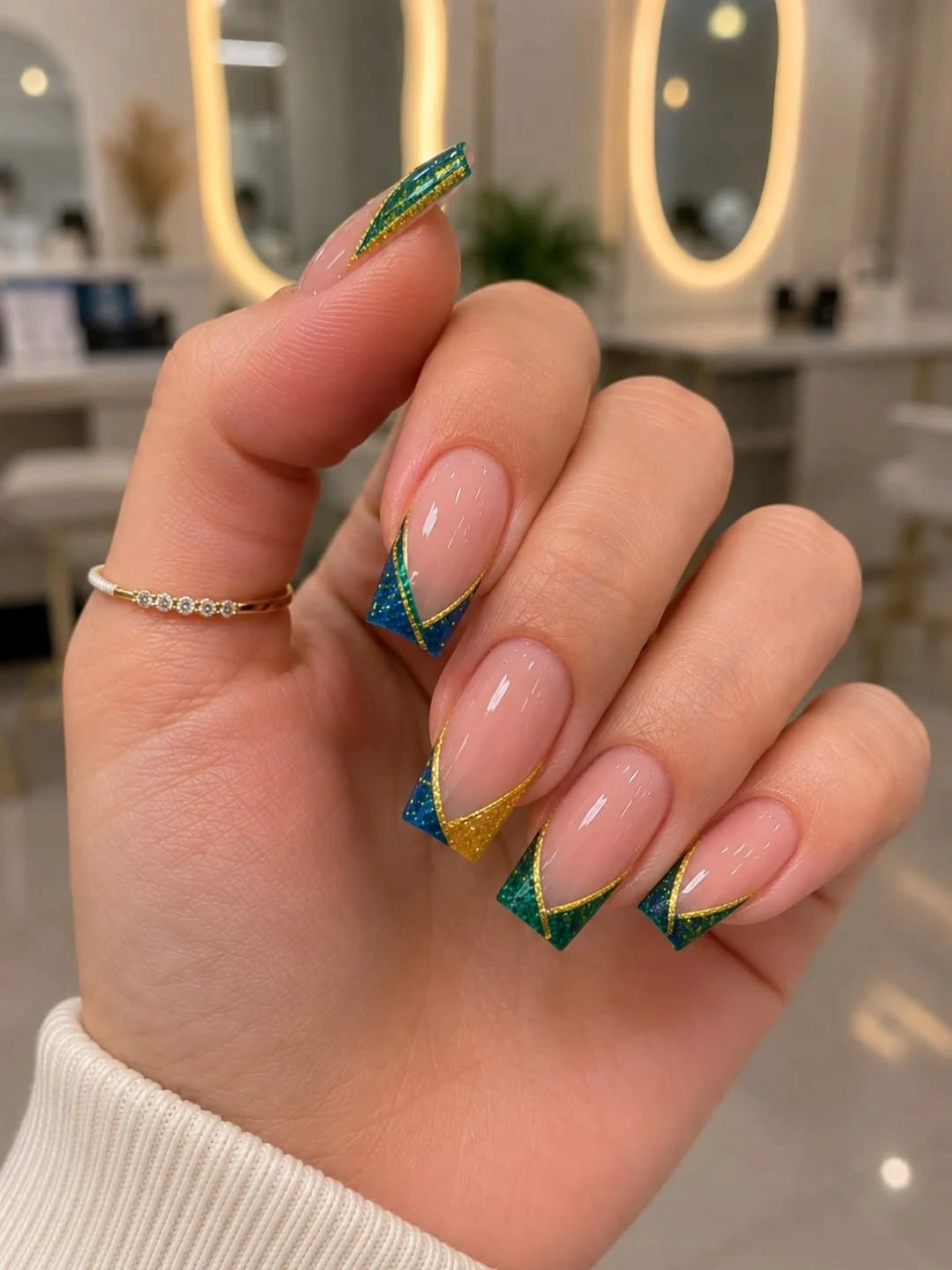 Medium almond nails with green and blue French tips