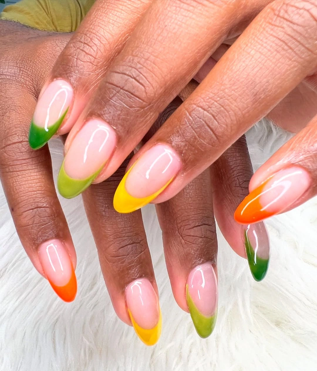 Long almond nails with neon orange lime pink and green French tips