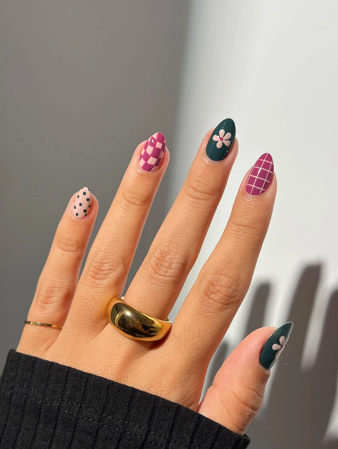 Pink burgundy square nails with checkerboard dotted accents